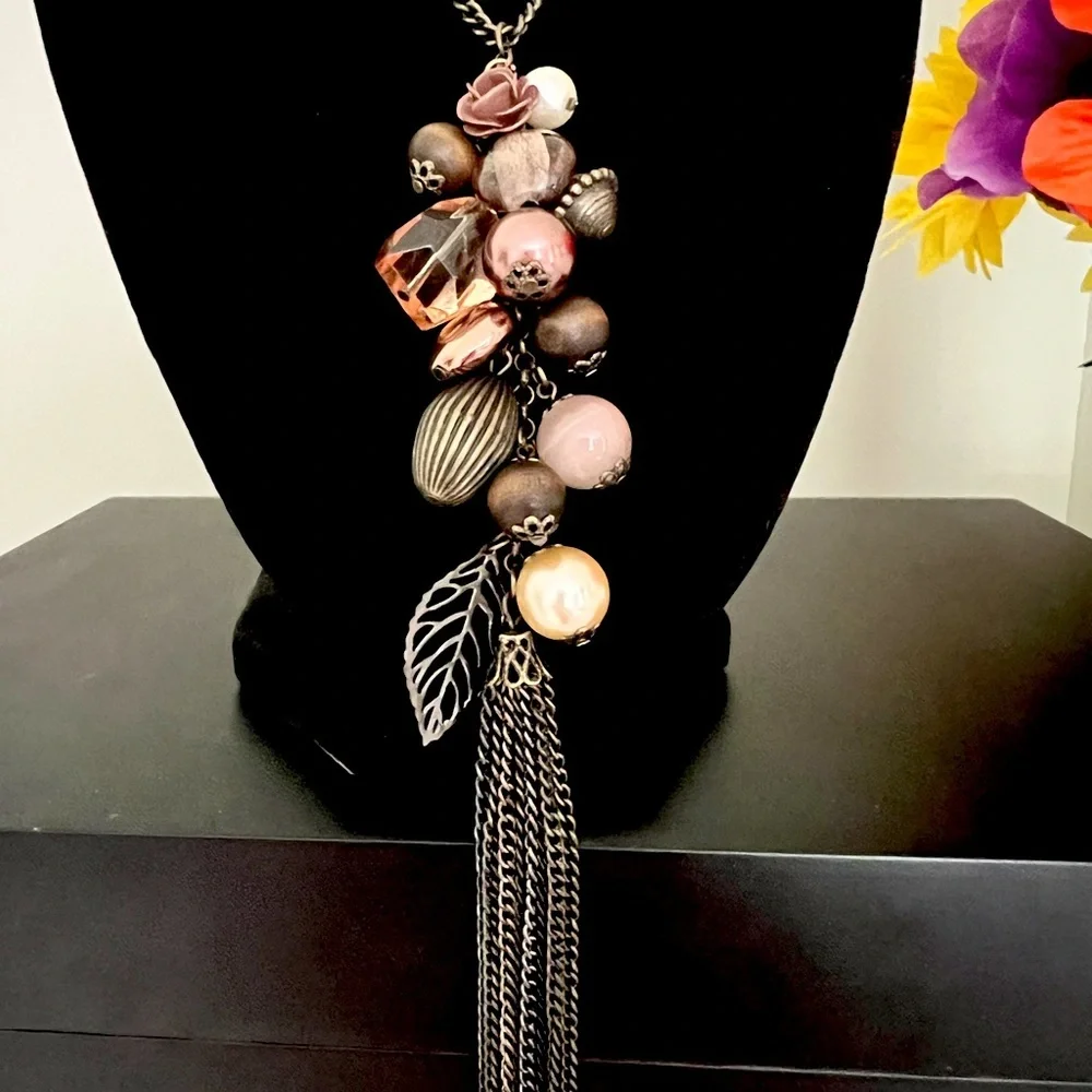 Elegant Bronze and Gold Beaded Tassel Necklace - Picture 3 of 4